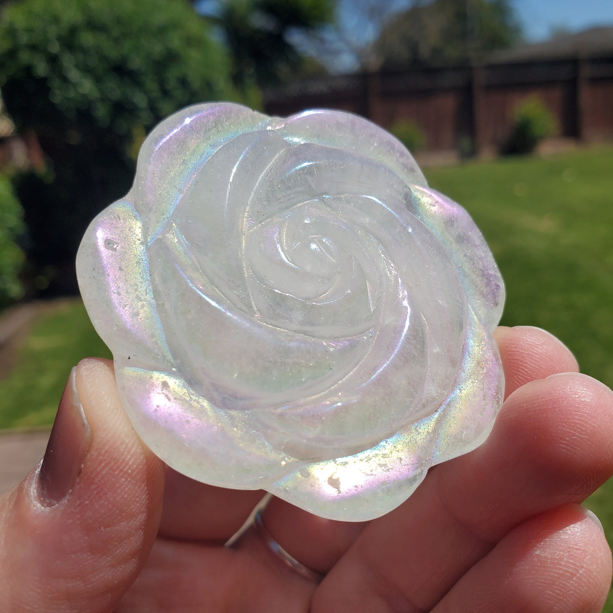 Aura Quartz Flower - Counteracts the Negative, Energizes Positive Energy - Rainbow Quartz Rose Carving Crystal Flower Healing Stone