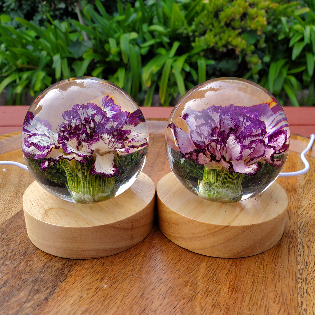 Purple Carnation Resin Sphere with Light Base | Handmade Resin Craft with Real Carnation Inside - Home Décor Night Light, Accent Lighting