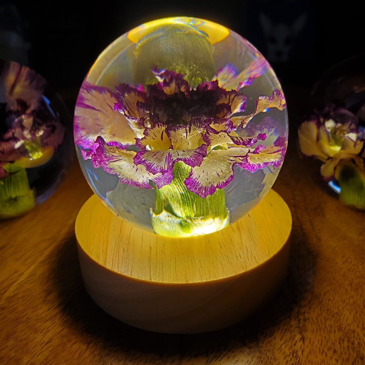 Purple Carnation Resin Sphere with Light Base | Handmade Resin Craft with Real Carnation Inside - Home Décor Night Light, Accent Lighting