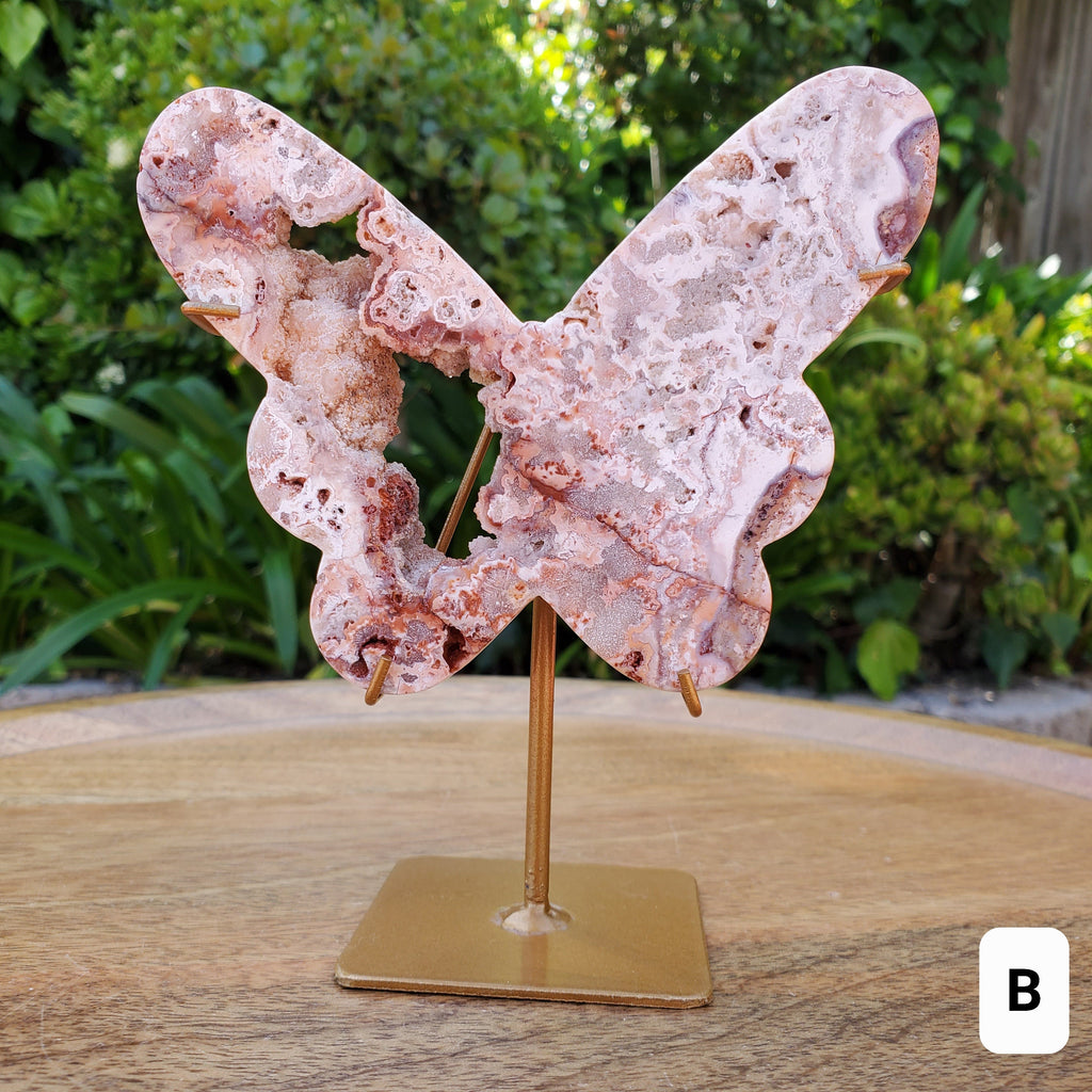 Pink Lace Agate Butterfly on Stand - Balance of the Physical, Mental & Emotional - Pink Agate Crystal Butterfly Healing Gemstone
