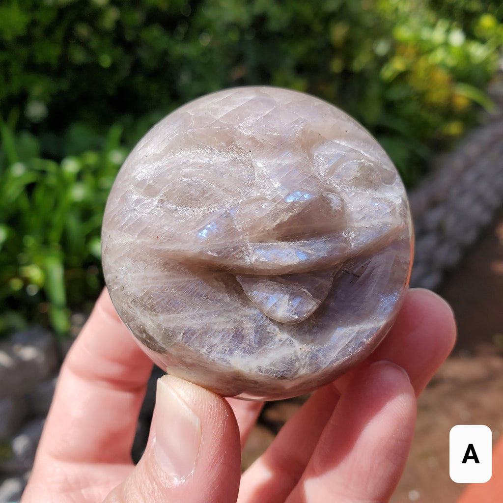 Flashy Moonstone Moon Face Sphere - Uplifting, Raises Vibration, Feminine Energy, Empowering - Flashy Crystal Ball Healing Gemstone