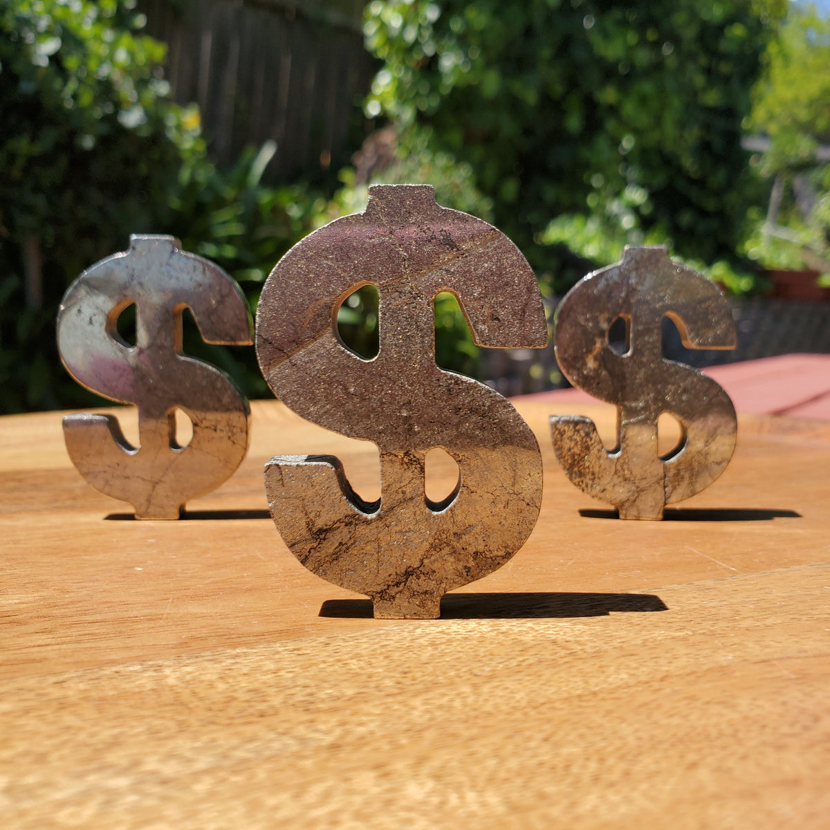 Pyrite Money Sign 2.35" - Blocks Negativity, Blocks EMF, Boost Personal Power - Pyrite Money Crystal Carving Healing Gemstones