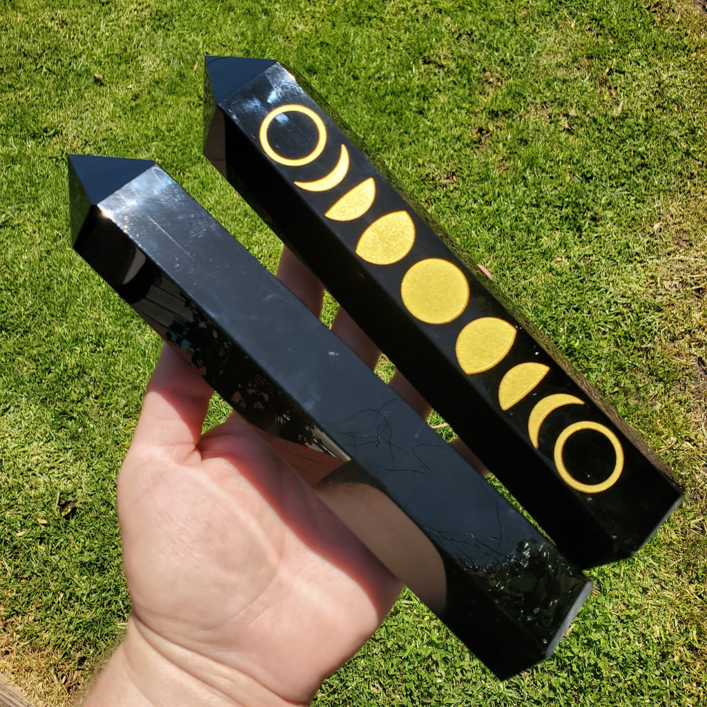 8" Big Obsidian Tower with Gold Moon Phase - Self Reflection, Release Negative Energies - Obsidian Black Statement Home Decor
