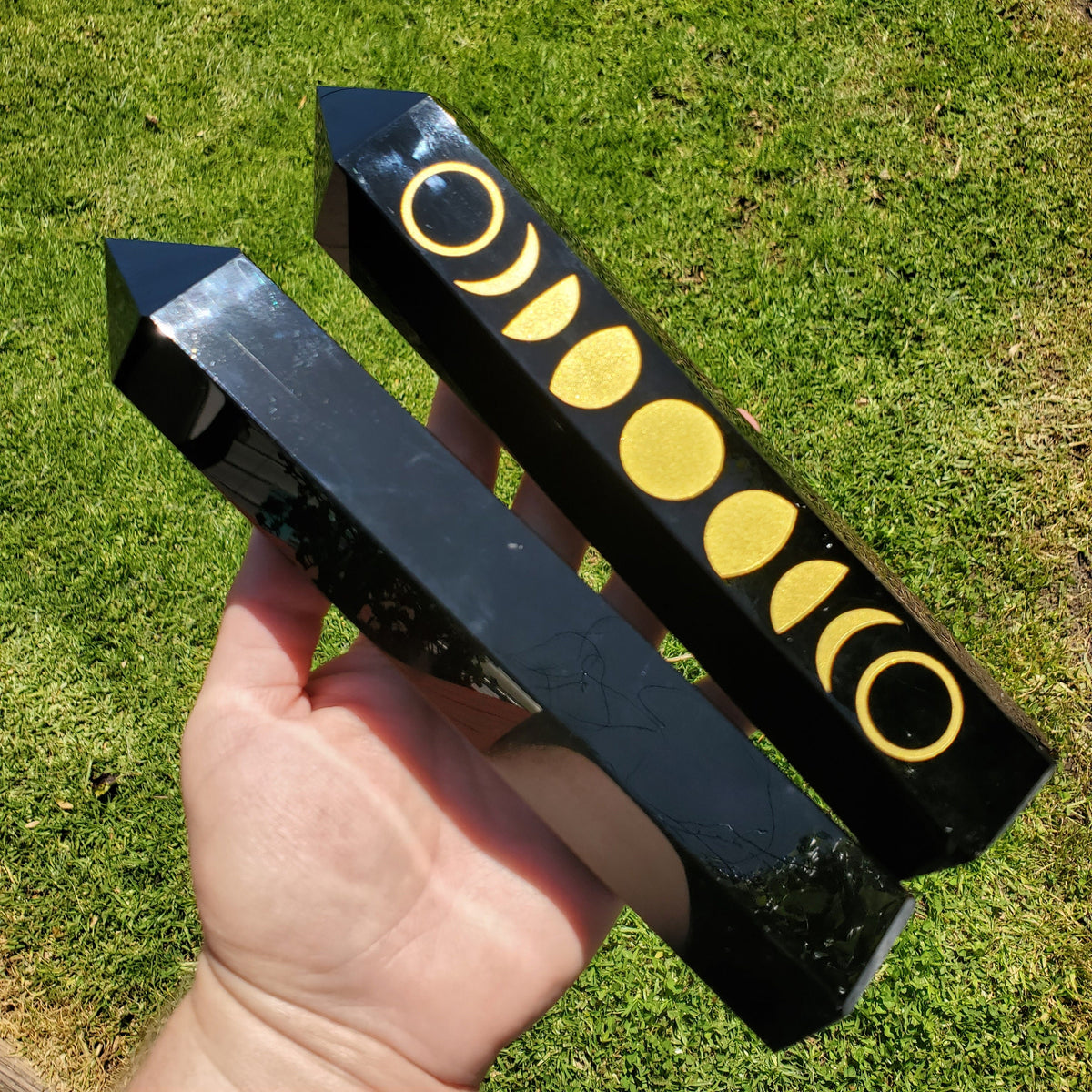 8" Big Obsidian Tower with Gold Moon Phase - Self Reflection, Release Negative Energies - Obsidian Black Statement Home Decor