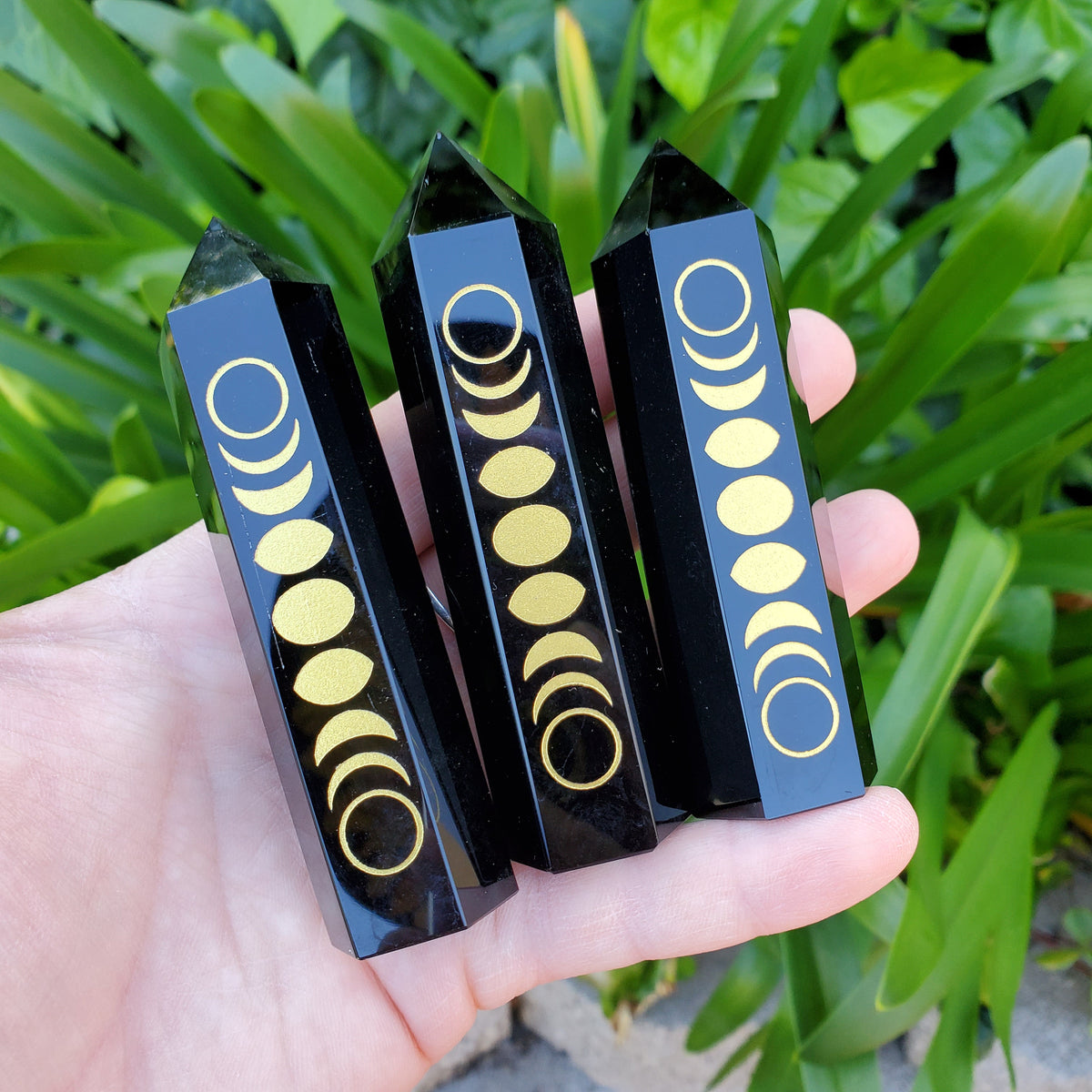 Small Obsidian Tower with Gold Moon Phase - Self Reflection, Release Negative Energies - 3.7" Obsidian Point Healing Gemstones