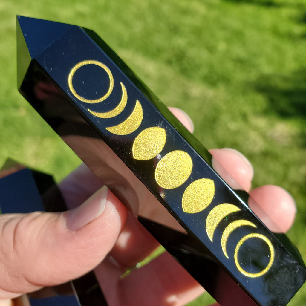 Small Obsidian Tower with Gold Moon Phase - Self Reflection, Release Negative Energies - 3.7" Obsidian Point Healing Gemstones