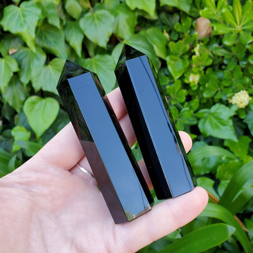 Small Obsidian Tower with Gold Moon Phase - Self Reflection, Release Negative Energies - 3.7" Obsidian Point Healing Gemstones