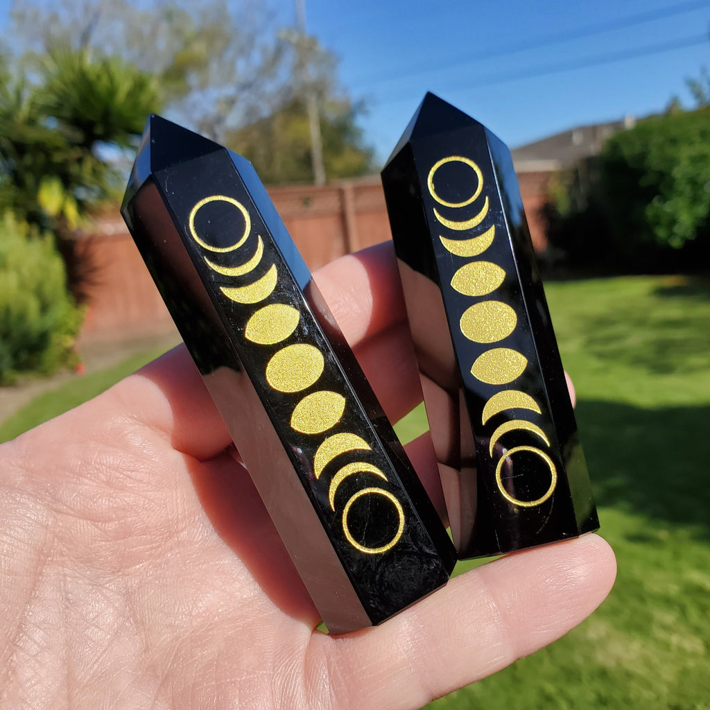Small Obsidian Tower with Gold Moon Phase - Self Reflection, Release Negative Energies - 3.7" Obsidian Point Healing Gemstones