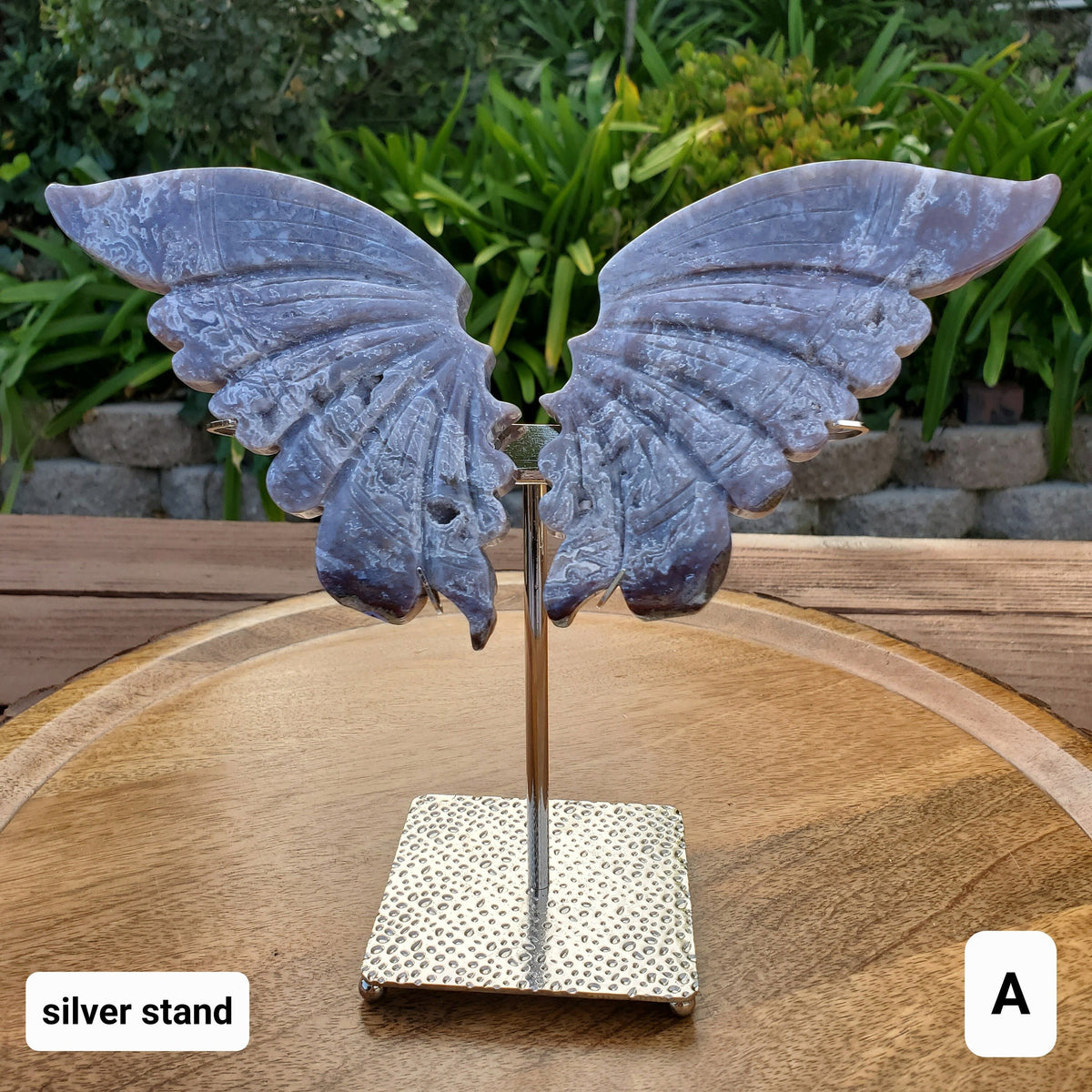 Moss Agate Butterfly Wings on Stand - Balance, Grounding, Reflection, New Beginnings - Agate Crystal Butterfly Wings Healing Gemstone
