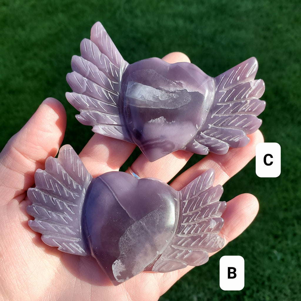 Purple Fluorite Heart Wings - Protective, Grounding, Relieves Stress, Mental Clarity - Fluorite Crystal Heart with Wings Healing Gemstones