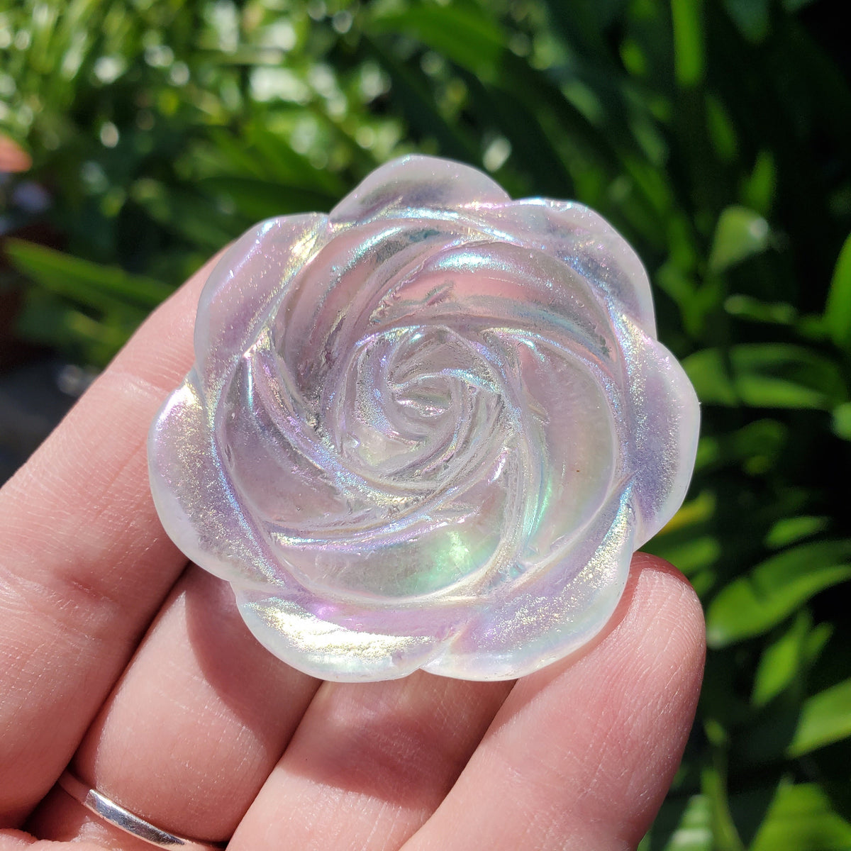Aura Quartz Flower - Counteracts the Negative, Energizes Positive Energy - Rainbow Quartz Rose Carving Crystal Flower Healing Stone