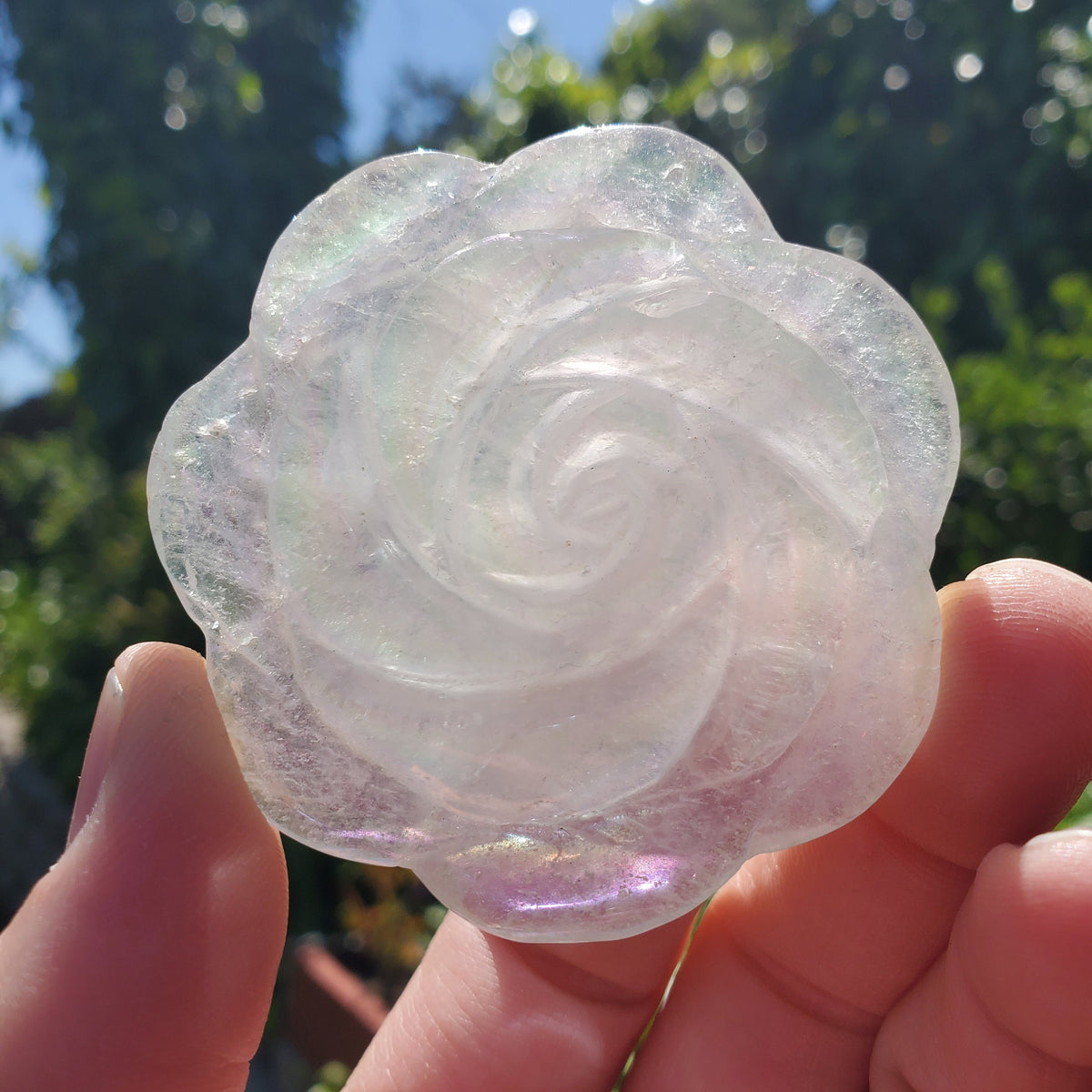 Aura Quartz Flower - Counteracts the Negative, Energizes Positive Energy - Rainbow Quartz Rose Carving Crystal Flower Healing Stone