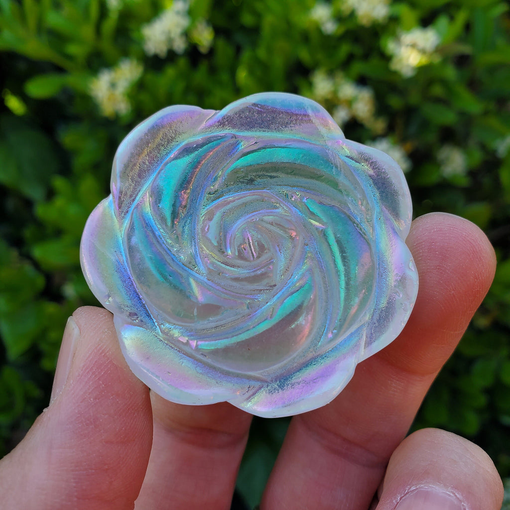 Aura Quartz Flower - Counteracts the Negative, Energizes Positive Energy - Rainbow Quartz Rose Carving Crystal Flower Healing Stone