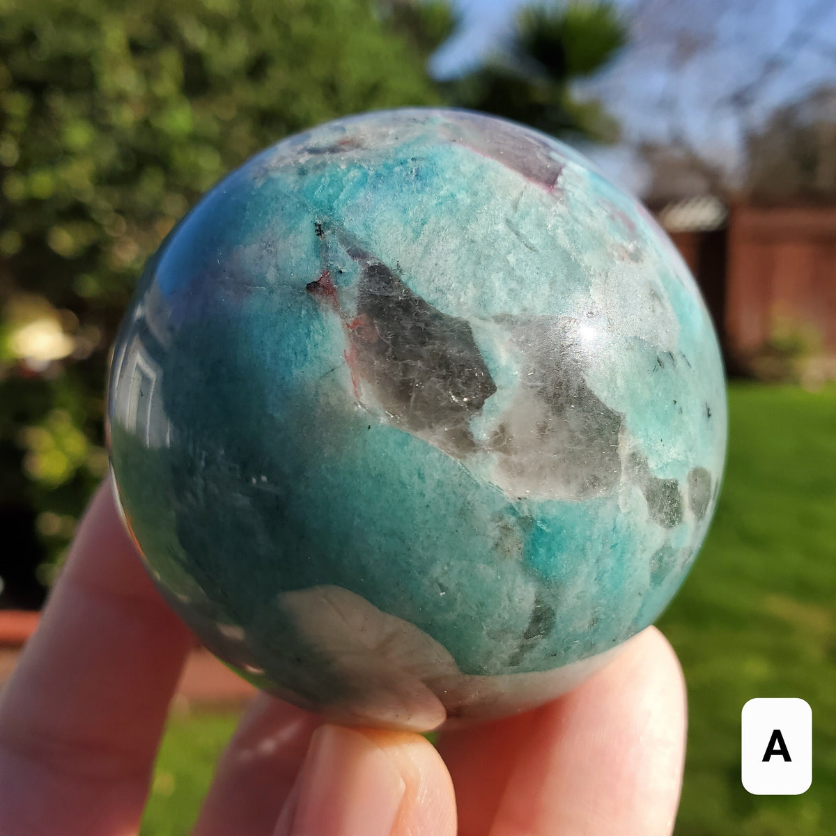 Amazonite Sphere with Smoky Quartz - Calming, Courage, Truth, Compassion - Amazonite Teal Crystal Ball Healing Gemstones