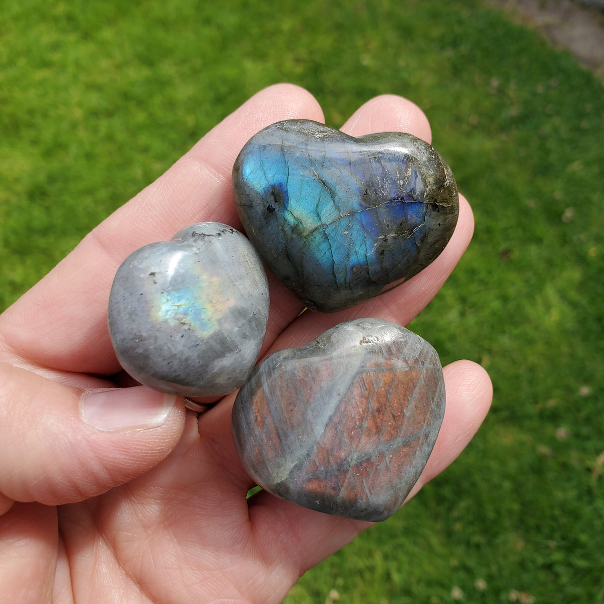 Flashy Labradorite Hearts Trio - Awareness, Connection, Intuition, Wisdom - Labradorite Healing Crystal Lab Heart Set
