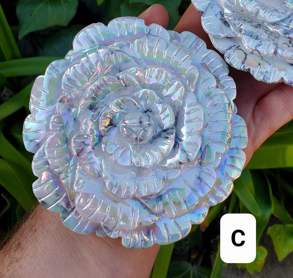 Big Aura Howlite Flower - Calm, Confidence, Emotional Healing, Grounding - Howlite Crystal Flower Healing Gemstone