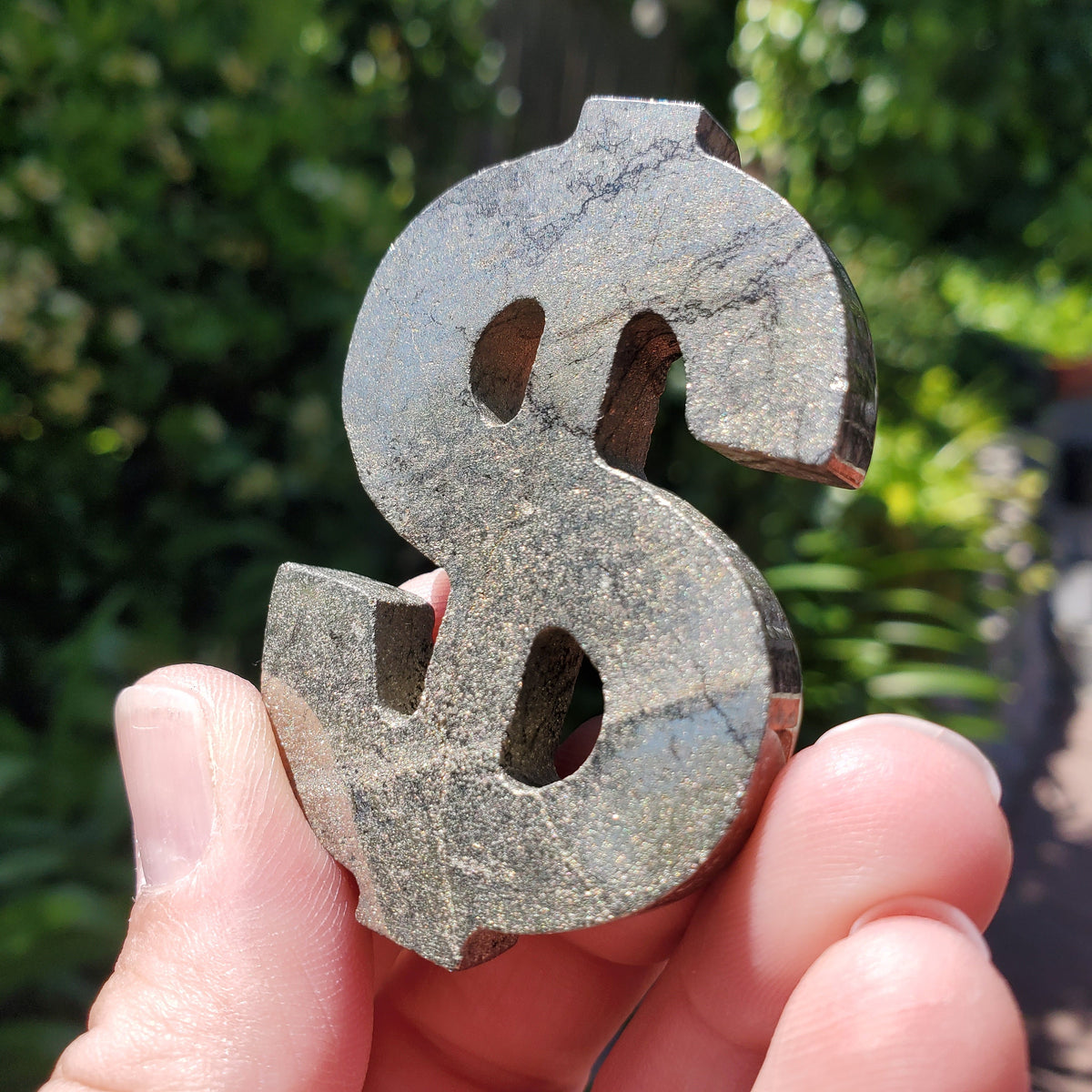 Pyrite Money Sign 2.35" - Blocks Negativity, Blocks EMF, Boost Personal Power - Pyrite Money Crystal Carving Healing Gemstones