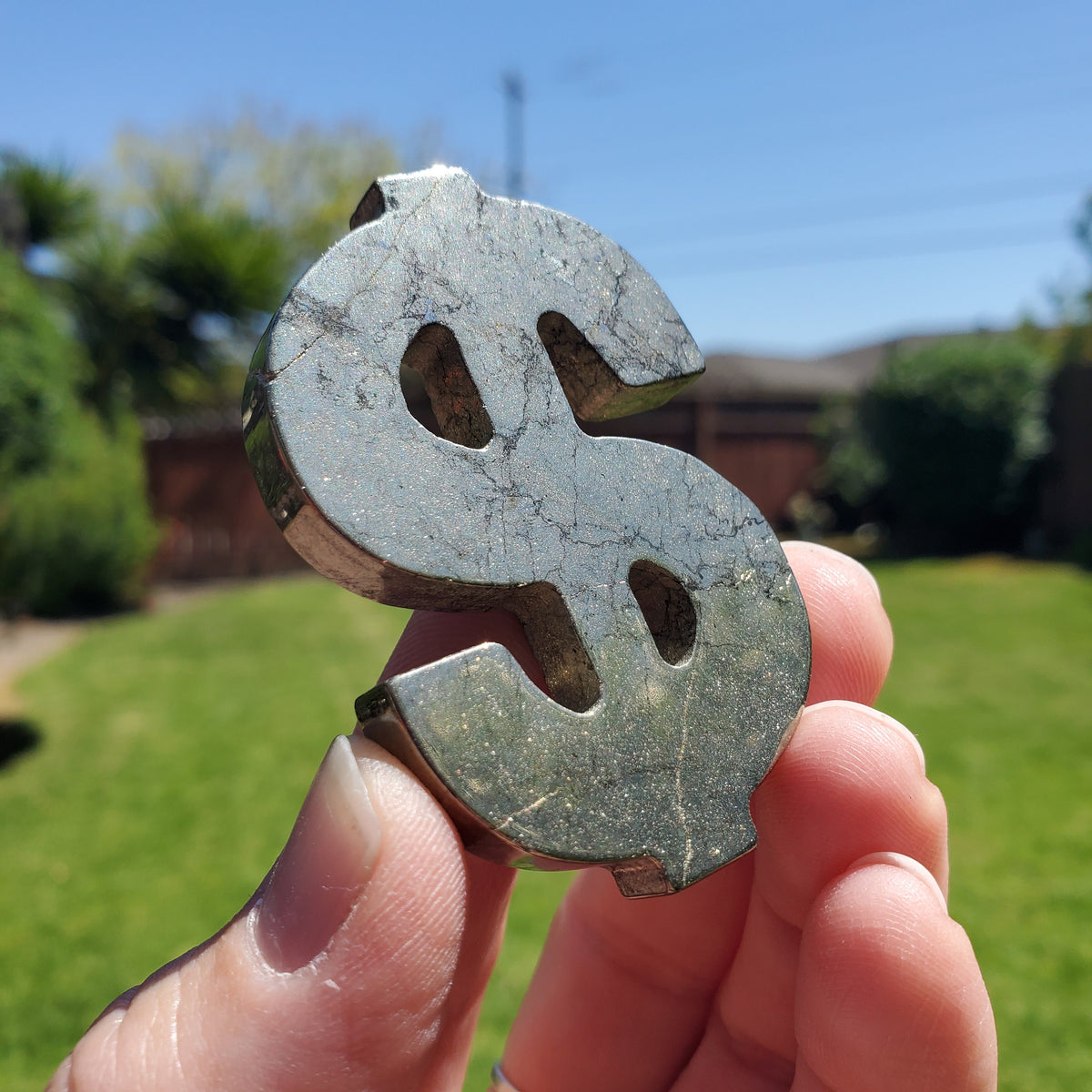 Pyrite Money Sign 2.35" - Blocks Negativity, Blocks EMF, Boost Personal Power - Pyrite Money Crystal Carving Healing Gemstones