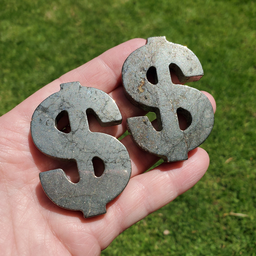 Pyrite Money Sign 2.35" - Blocks Negativity, Blocks EMF, Boost Personal Power - Pyrite Money Crystal Carving Healing Gemstones
