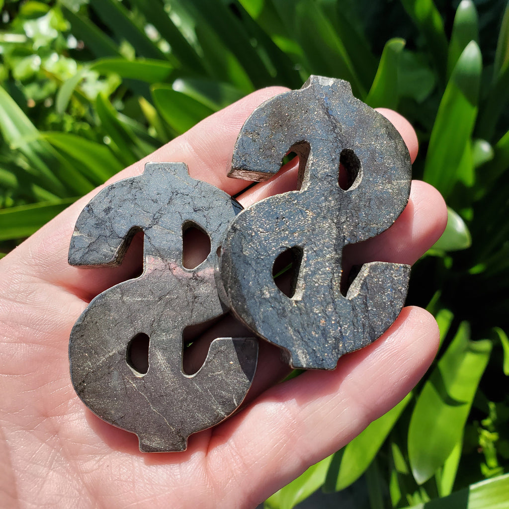 Pyrite Money Sign 2.35" - Blocks Negativity, Blocks EMF, Boost Personal Power - Pyrite Money Crystal Carving Healing Gemstones