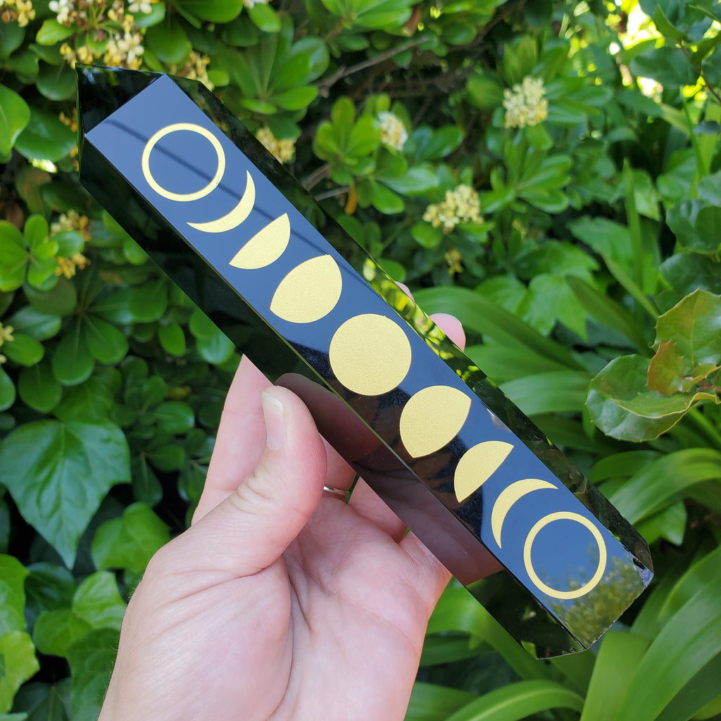 8" Big Obsidian Tower with Gold Moon Phase - Self Reflection, Release Negative Energies - Obsidian Black Statement Home Decor
