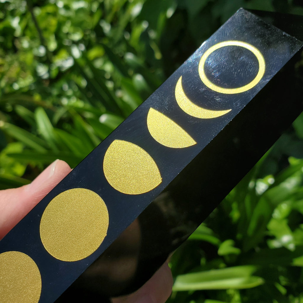 8" Big Obsidian Tower with Gold Moon Phase - Self Reflection, Release Negative Energies - Obsidian Black Statement Home Decor