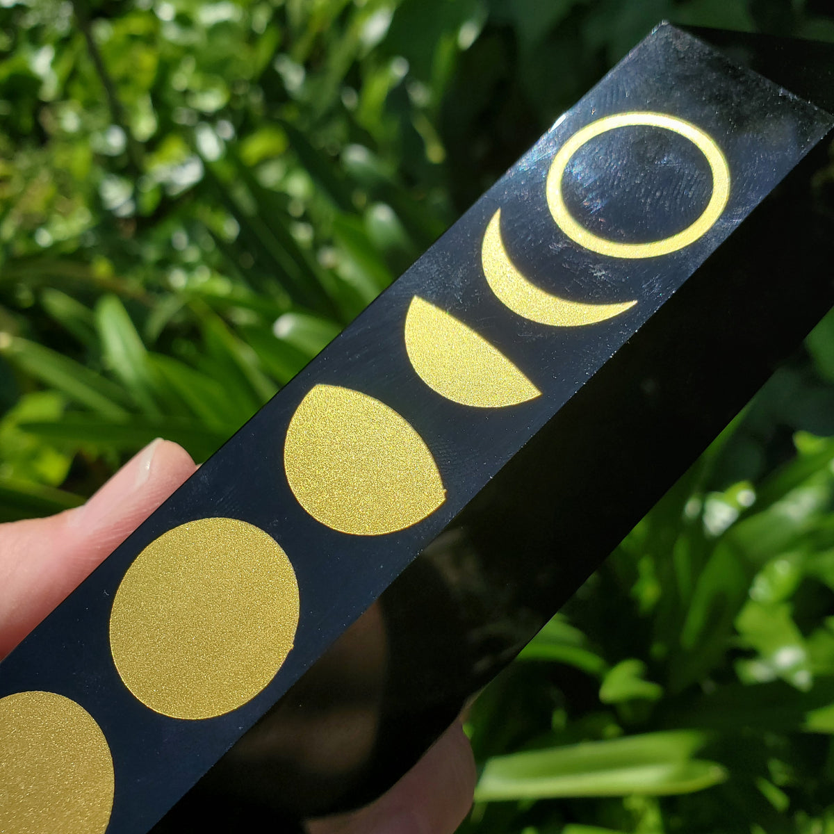 8" Big Obsidian Tower with Gold Moon Phase - Self Reflection, Release Negative Energies - Obsidian Black Statement Home Decor