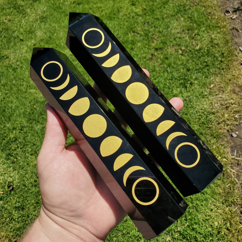 8" Big Obsidian Tower with Gold Moon Phase - Self Reflection, Release Negative Energies - Obsidian Black Statement Home Decor