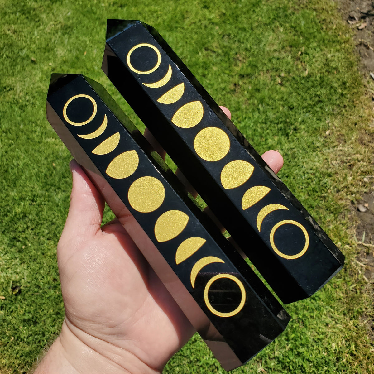 8" Big Obsidian Tower with Gold Moon Phase - Self Reflection, Release Negative Energies - Obsidian Black Statement Home Decor