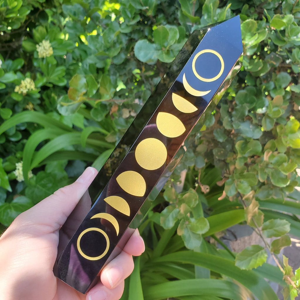 8" Big Obsidian Tower with Gold Moon Phase - Self Reflection, Release Negative Energies - Obsidian Black Statement Home Decor