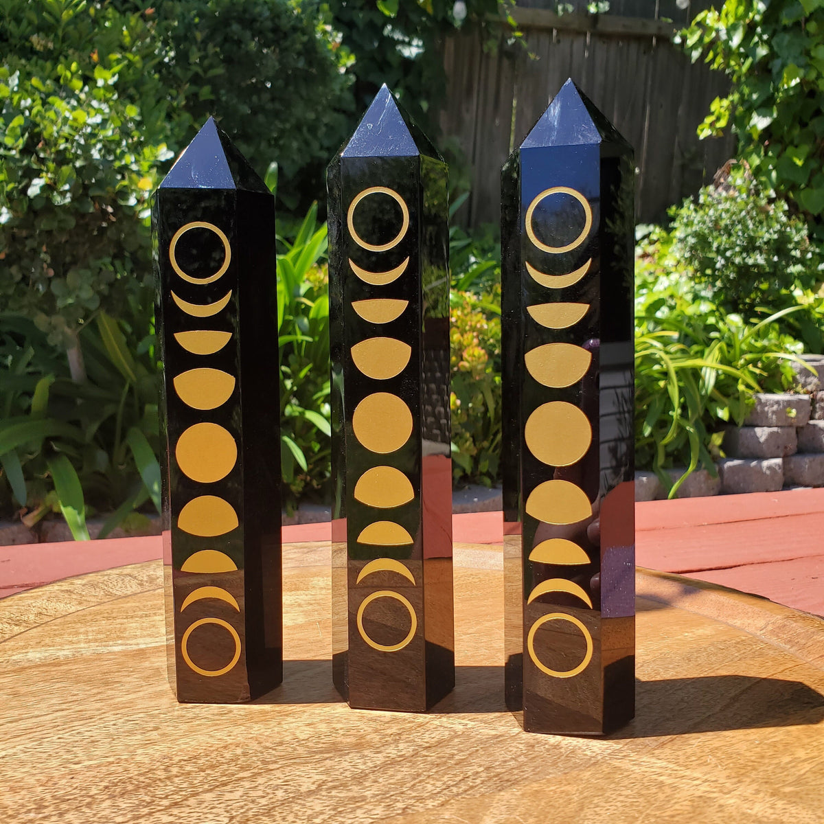 8" Big Obsidian Tower with Gold Moon Phase - Self Reflection, Release Negative Energies - Obsidian Black Statement Home Decor