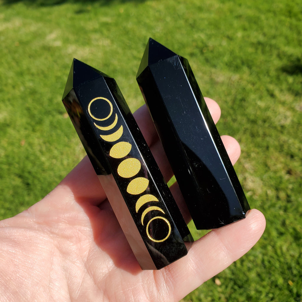 Small Obsidian Tower with Gold Moon Phase - Self Reflection, Release Negative Energies - 3.7" Obsidian Point Healing Gemstones