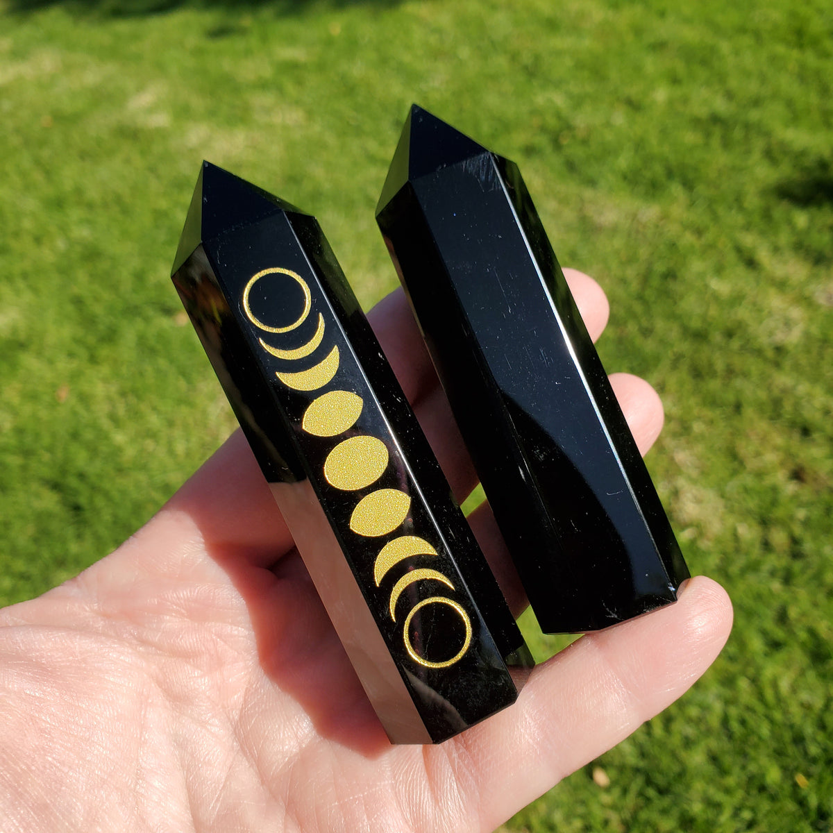 Small Obsidian Tower with Gold Moon Phase - Self Reflection, Release Negative Energies - 3.7" Obsidian Point Healing Gemstones