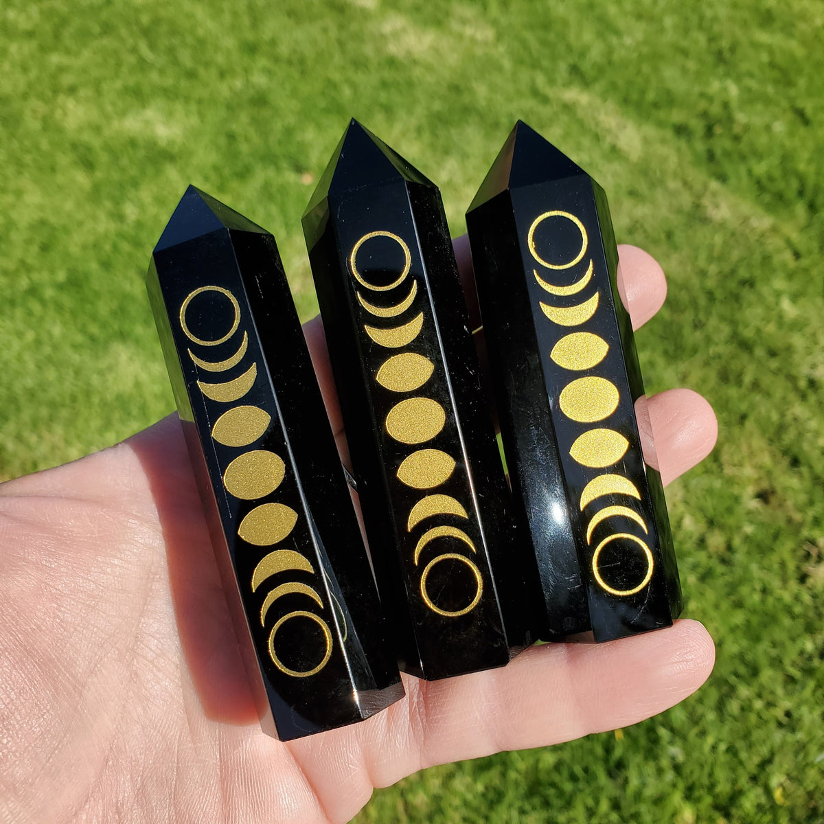 Small Obsidian Tower with Gold Moon Phase - Self Reflection, Release Negative Energies - 3.7" Obsidian Point Healing Gemstones