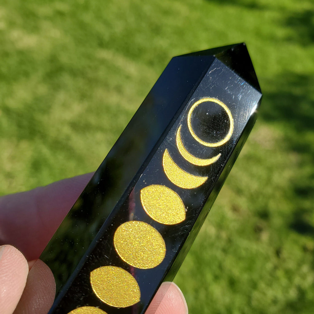Small Obsidian Tower with Gold Moon Phase - Self Reflection, Release Negative Energies - 3.7" Obsidian Point Healing Gemstones
