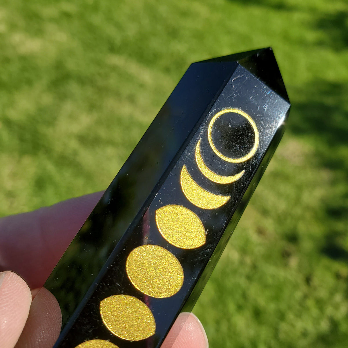 Small Obsidian Tower with Gold Moon Phase - Self Reflection, Release Negative Energies - 3.7" Obsidian Point Healing Gemstones