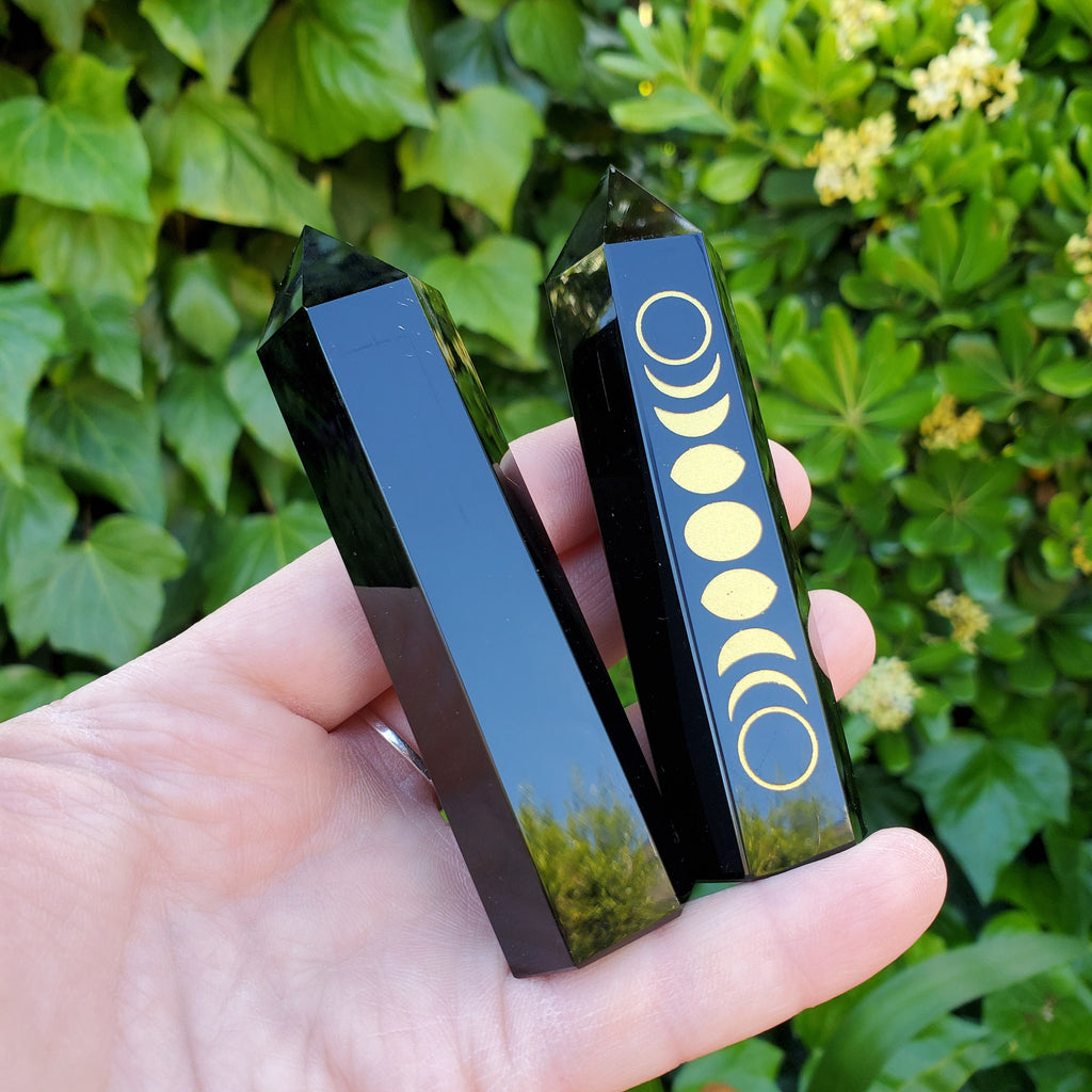 Small Obsidian Tower with Gold Moon Phase - Self Reflection, Release Negative Energies - 3.7" Obsidian Point Healing Gemstones