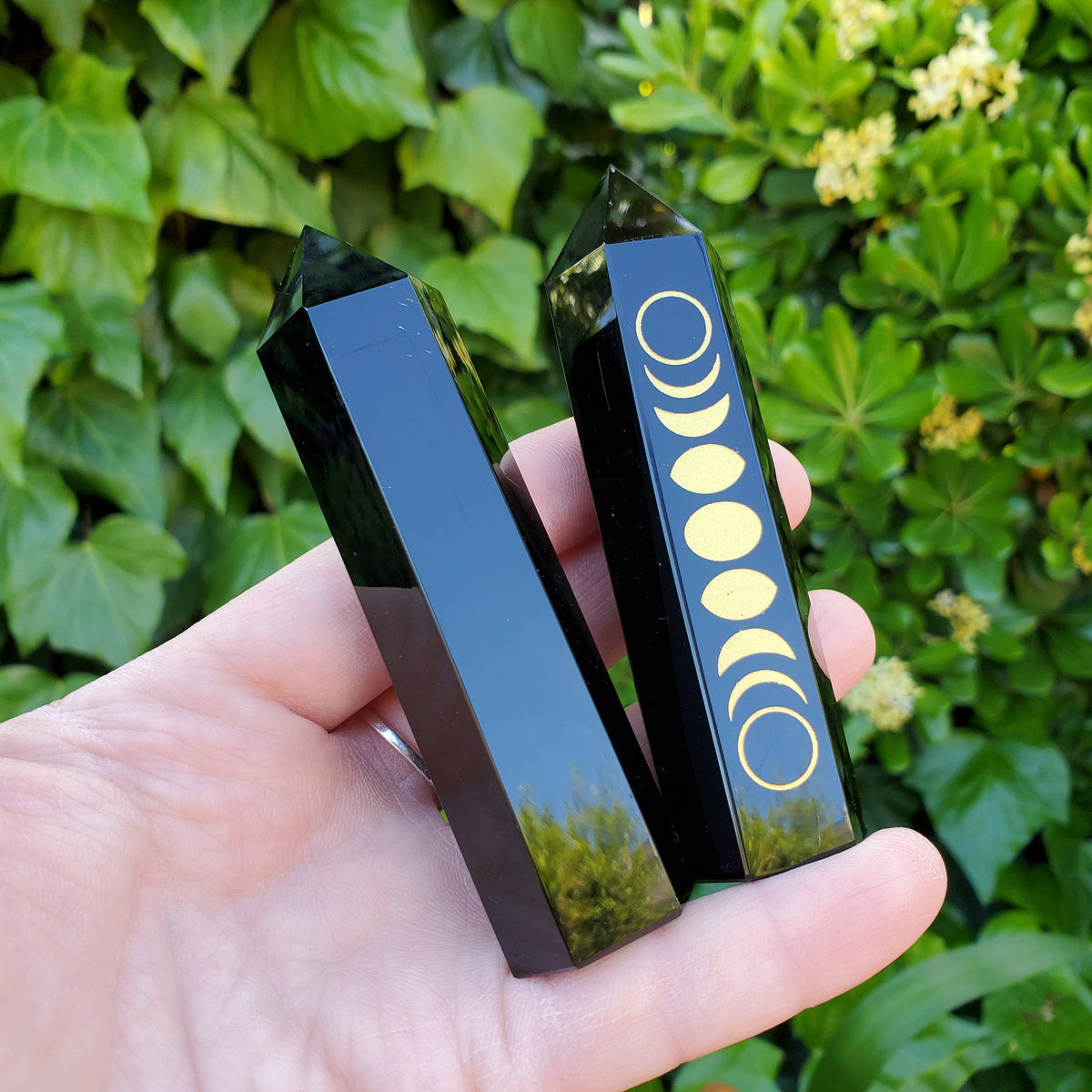 Small Obsidian Tower with Gold Moon Phase - Self Reflection, Release Negative Energies - 3.7" Obsidian Point Healing Gemstones