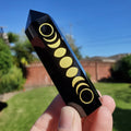 Small Obsidian Tower with Gold Moon Phase - Self Reflection, Release Negative Energies - 3.7" Obsidian Point Healing Gemstones