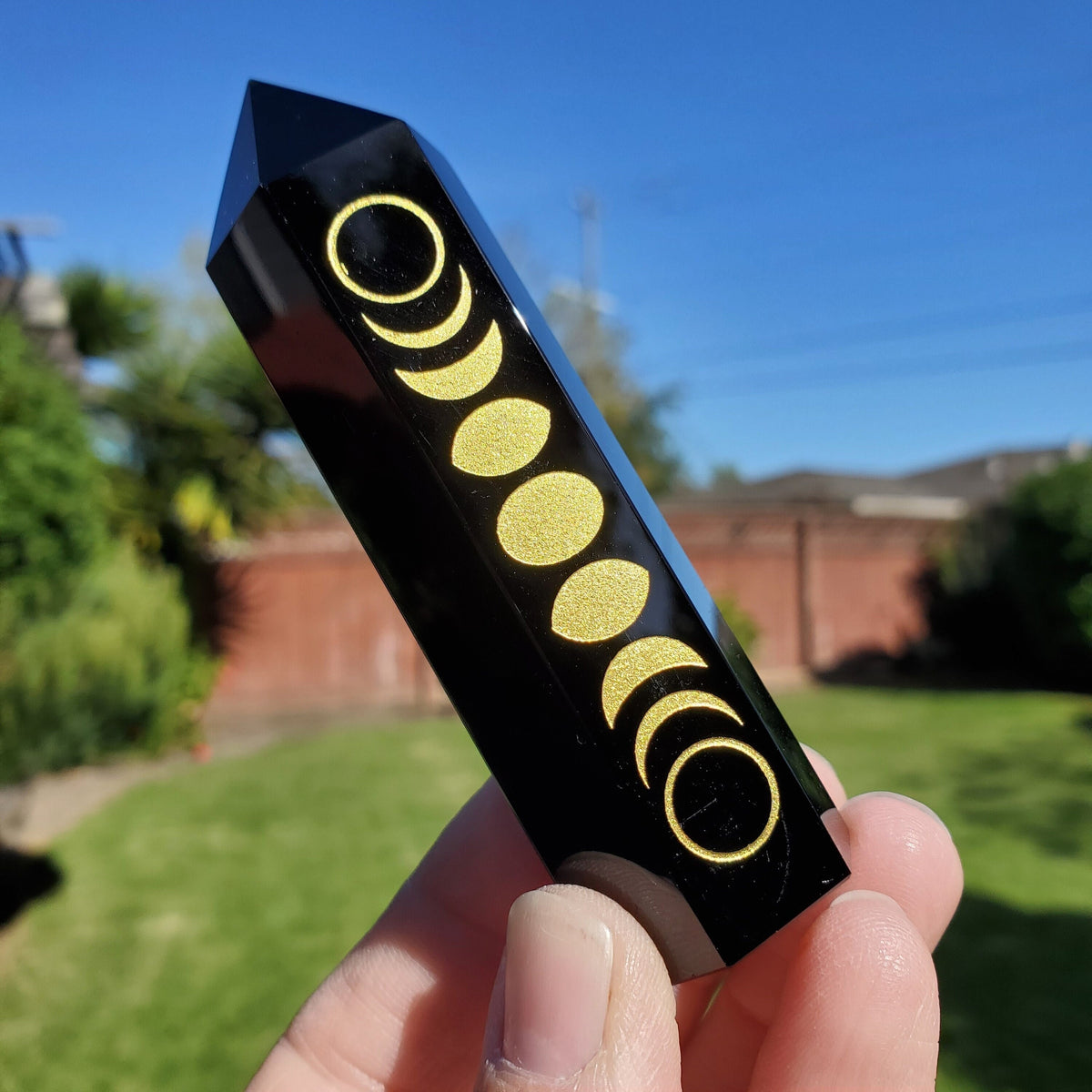 Small Obsidian Tower with Gold Moon Phase - Self Reflection, Release Negative Energies - 3.7" Obsidian Point Healing Gemstones
