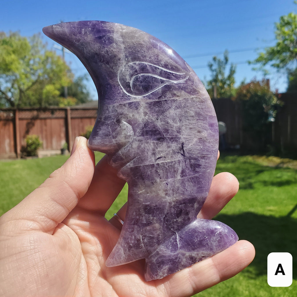 Standing Dream Amethyst Crescent Moon - Calming, Energetic Protection, Positivity, Divine Love - Purple Amethyst Moon Crystal Statement