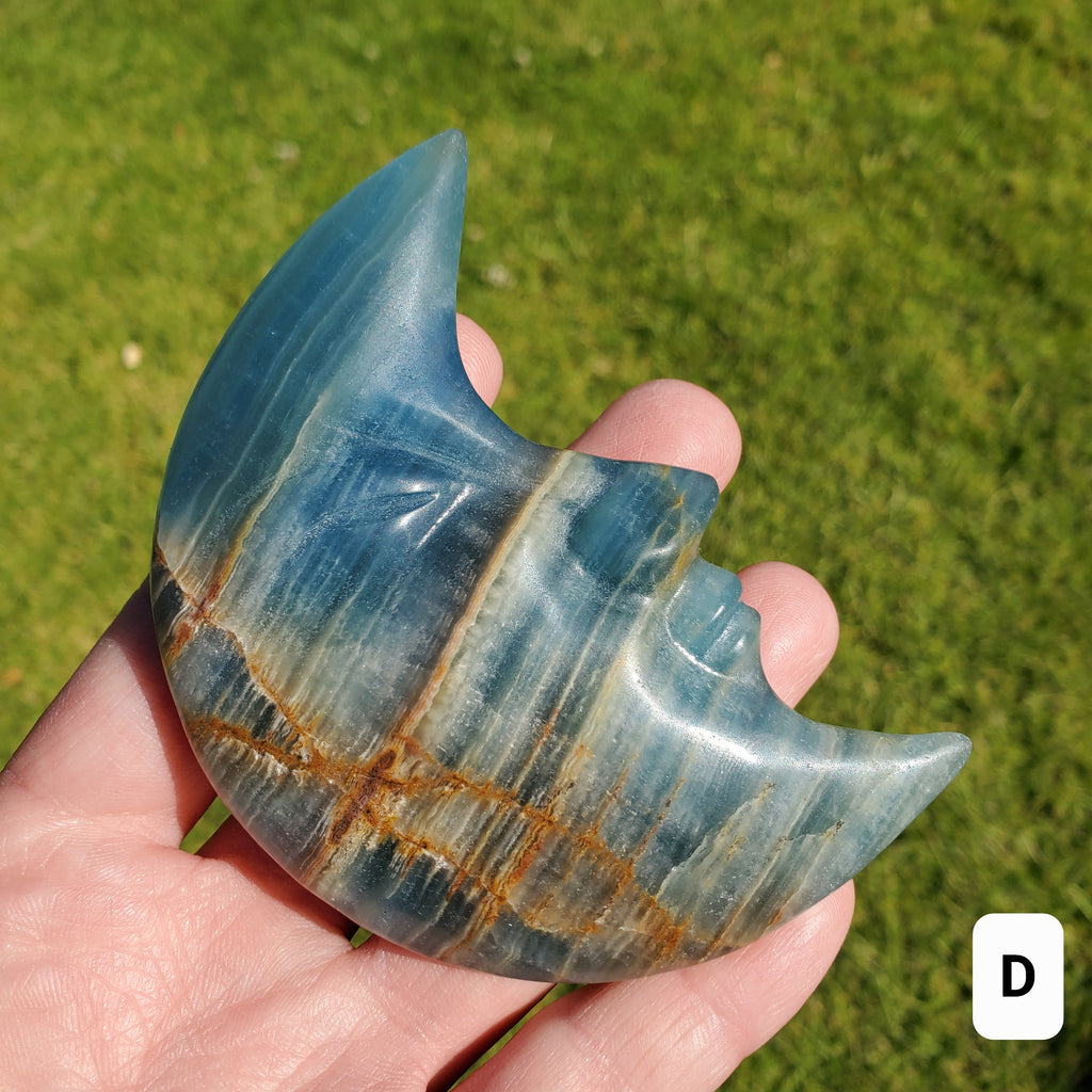 Blue Onyx Moon on Stand - Increases Mental Power, Gives You Emotional Strength, Willpower - Blue Moon Crystal Display Healing Gemstones