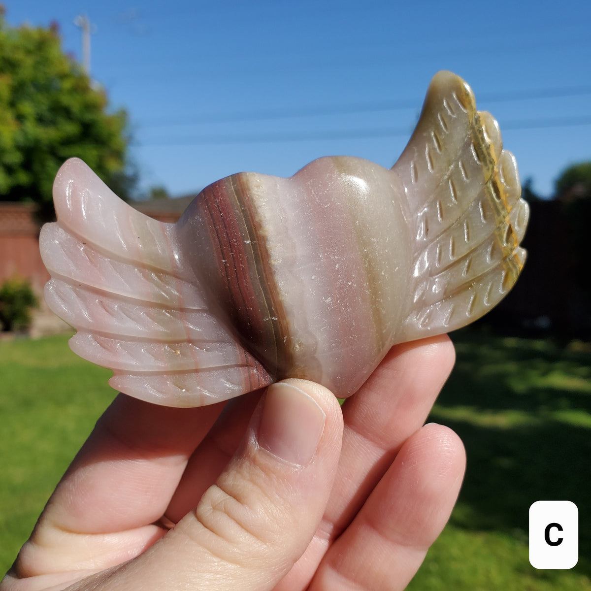 Pink Banded Calcite Heart with Wings - Emotional Healing, Pure Love, Happiness, Soothing - Crystal Heart Stone Healing Crystals Gemstones