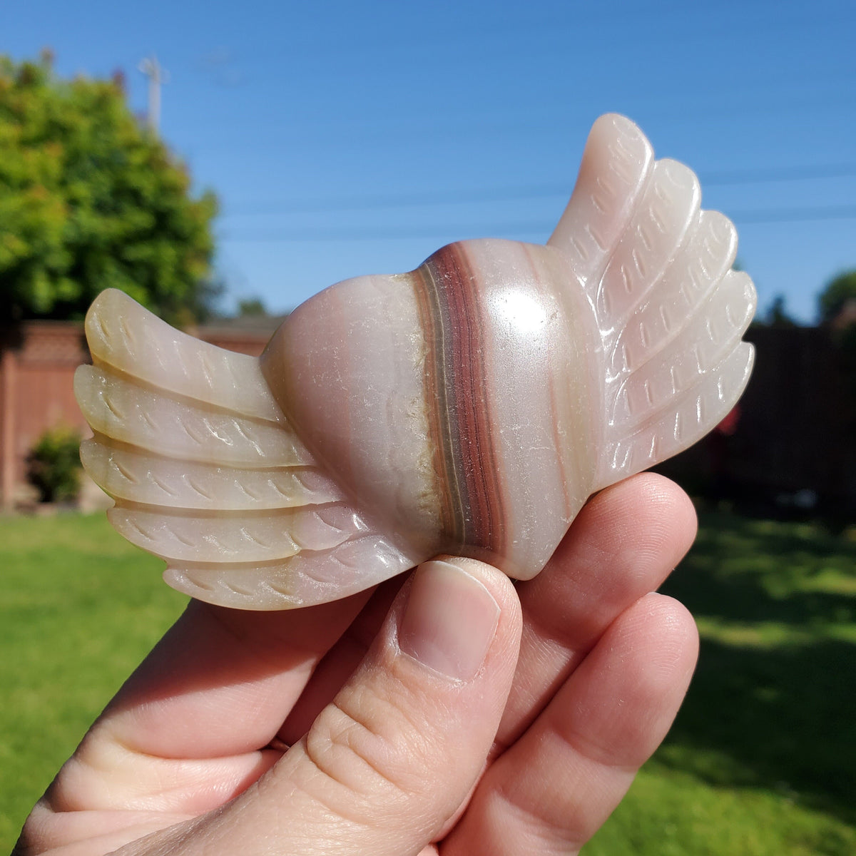 Pink Banded Calcite Heart with Wings - Emotional Healing, Pure Love, Happiness, Soothing - Crystal Heart Stone Healing Crystals Gemstones