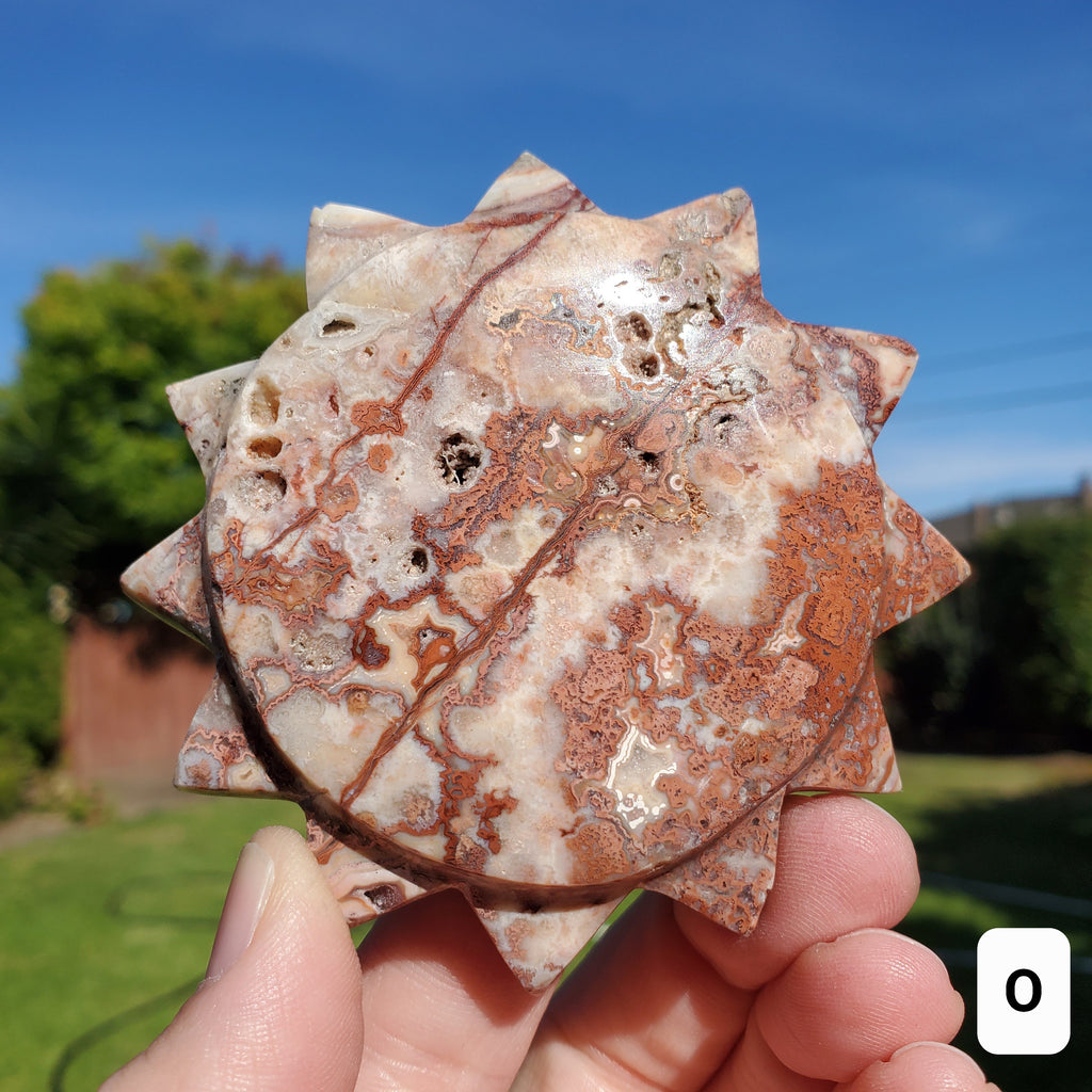 Pink Lace Agate Sun - Balance of the Physical, Mental, Emotional - Pink Agate Crystal Sun Carving Healing Gemstone
