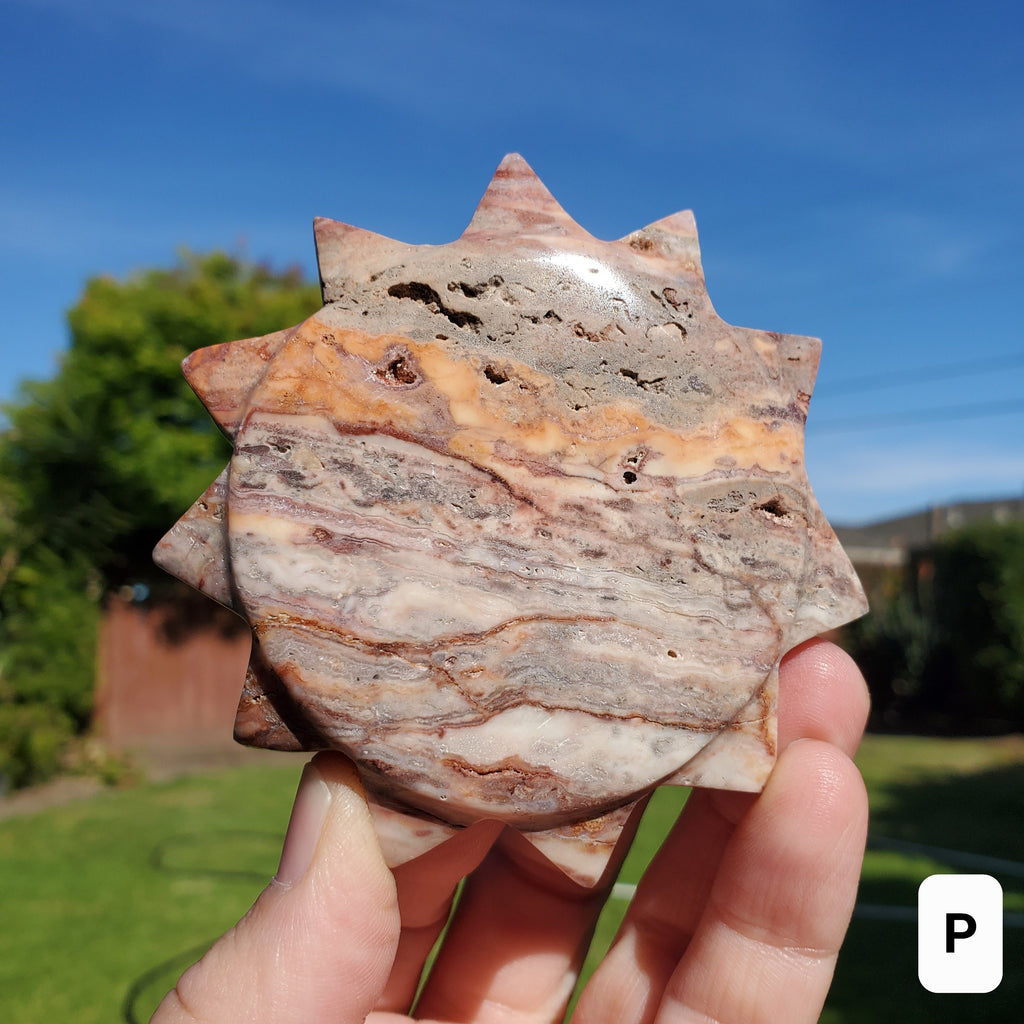 Pink Lace Agate Sun - Balance of the Physical, Mental, Emotional - Pink Agate Crystal Sun Carving Healing Gemstone