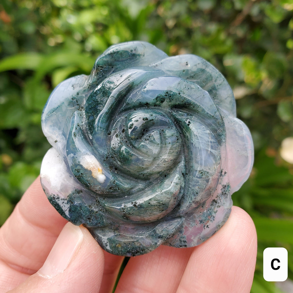 Moss Agate Flower - Grounding, Reflection, New Beginnings - Green Agate Crystal Rose Healing Crystal Gemstone