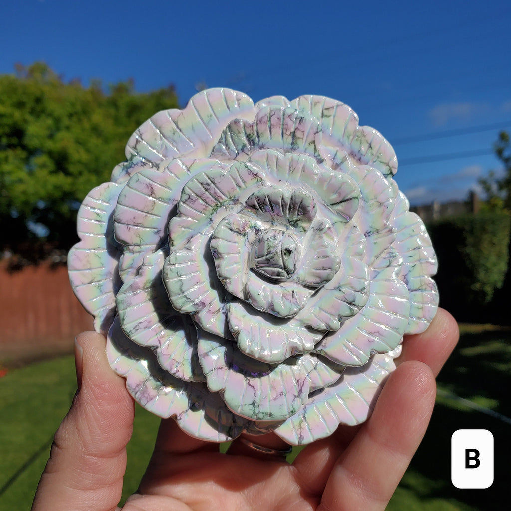 Big Aura Howlite Flower - Calm, Confidence, Emotional Healing, Grounding - Howlite Crystal Flower Healing Gemstone