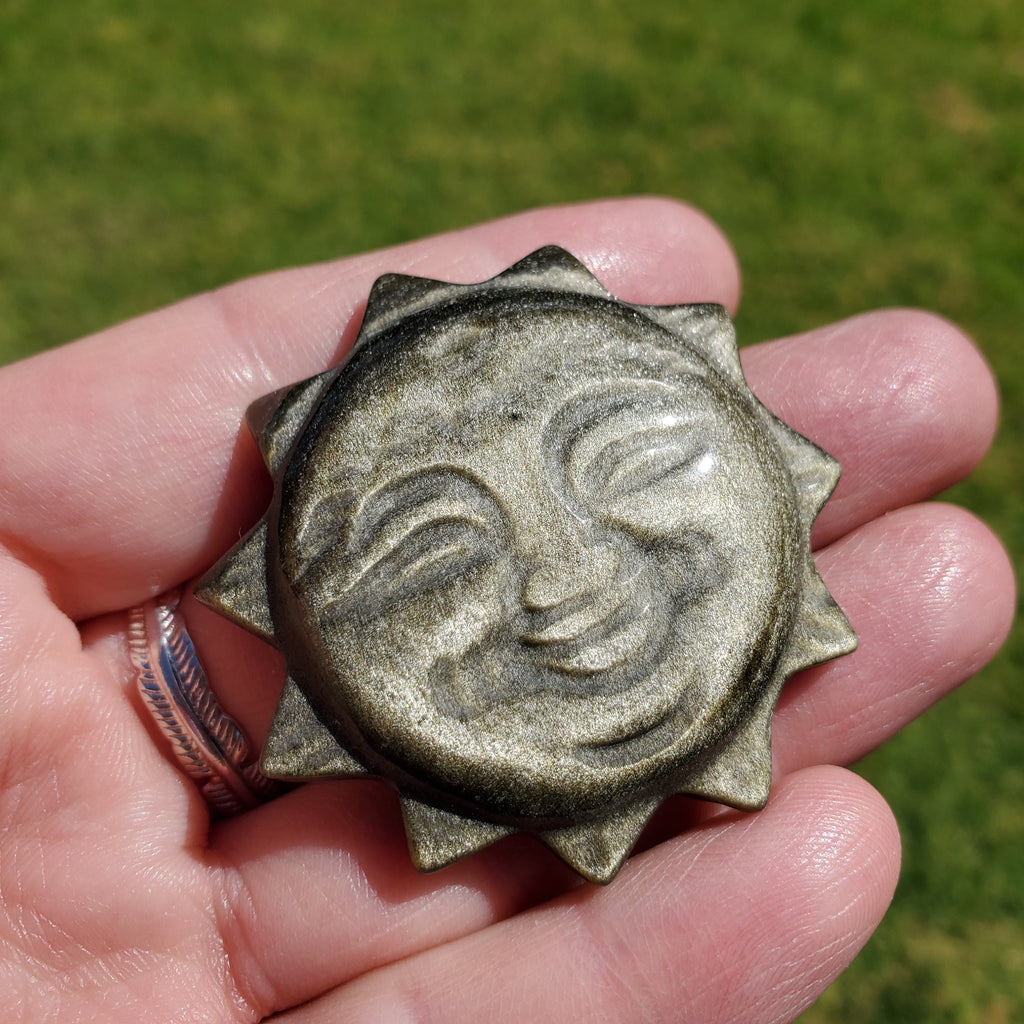 Small Gold Sheen Obsidian Sun - Self Reflection, Release Negative Energies - 1.95" Obsidian Black Sun Carving Healing Gemstones