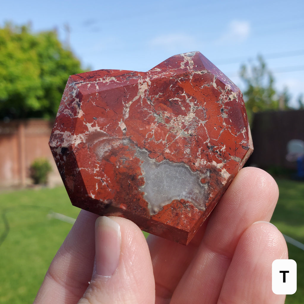 Red Jasper Faceted Heart - Cellular Healing, Creativity, Reflection, Patience - Flower Jasper Crystal Heart Stone Healing Gemstones